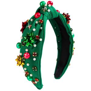 Christmas Headbands for Women Xmas Headband Knotted Pearl Hairband Holiday Costume Red Green Rhinestone Headpiece
