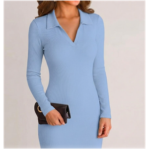 VICHYIE Women Lapel Neck Ribbed Bodycon Tight Fall Dress Long Sleeve Mid Thigh Pencil Above Knee Dresses (M, Blue)