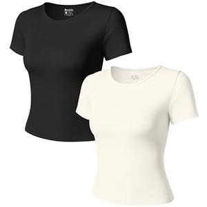 OQQ Women Short Sleeve 2 Piece T-Shirts Crew Neck Fitted Basic Tee 2025 Summer Crop Top Black Beige, M