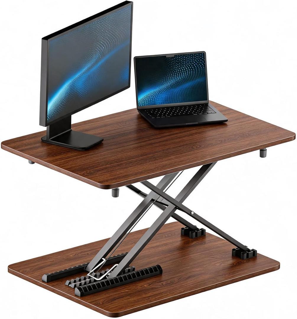 Standing Desk Converter, 25.16" 15.75" Height Adjustable Laptop Stand for Desk, Sit Stand Monitor Stand, No Assembly Required for Home and Office Use (Black) (Natural Wood), 23.6 inches x 13.7 inches x 15.7 inches