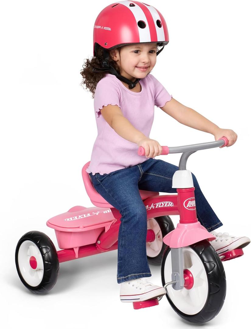Radio Flyer Pink Rider Trike, Ages 2.5-5, Adjustable Seat, Steel Construction, Quiet Ride Wheels, Storage Bin, Comfort Grip Handlebars, Tricycle for Toddlers