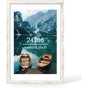 Hongkee 24x36 Frame, Distressed White Wood Style - Display Posters 20 x 30 with Mat or 24x30 without Mat, Wall Mounting Horizontal and Vertical, 1 Pack