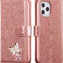 UEEBAI Wallet Case for iPhone 16 Pro, Glitter PU Leather Phone Cover Card Slots Kickstand Wallet Magnetic Closure Bling Flip Case Shockproof Hand Strap Flip Cover - Rose Gold
