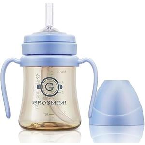 GROSMIMI Spill Proof no Spill Magic Sippy Cup with Straw with Handle for Baby and Toddlers, Customizable, PPSU, BPA Free 6 oz (Sky blue)
