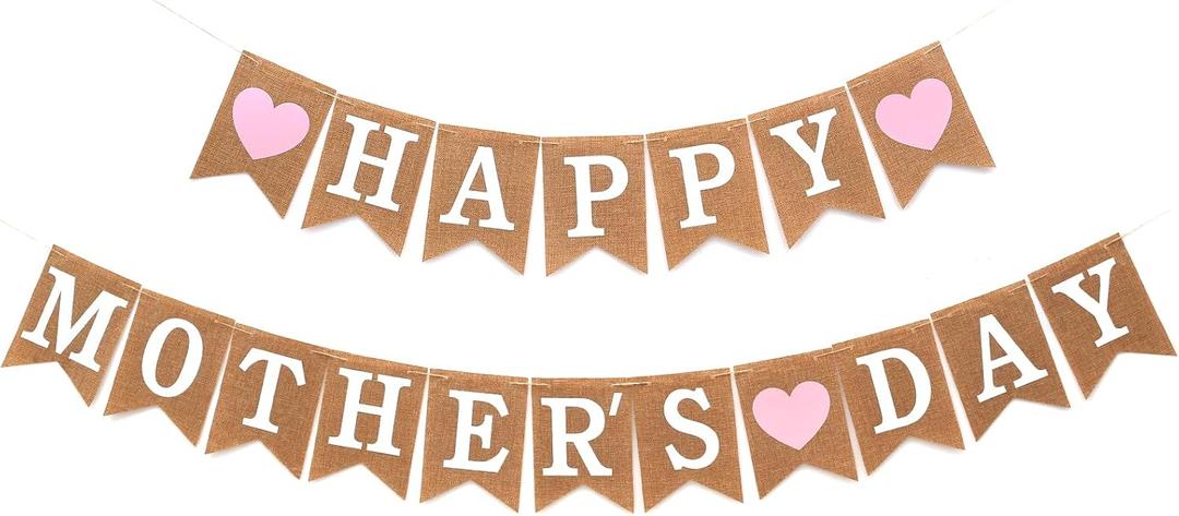 Happy Mother's Day Decorations Banner Burlap, Mothers Day Decor Hanging Banner Sign for Home Office Wall Party Supplies- No DIY