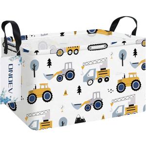 Rectangular Construction Vehicle Storage Basket for Boys,Collapsible Fabric Toy Storage Bin with Handles,Cute Excavator Tractor Truck Organizer for Kids Room,Nursery,Playroom,Closet (Excavator)