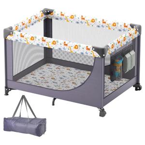 VEVOR Baby Travel Crib and Play Yard, Folding Baby Playpen with Soft Mattress Pad, Portable Toddlers Crib with Breathable Mesh and Travel Bag, Indoor/Outdoor Kid Activity Center for 0-36 Months Babies