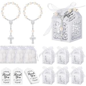 100 Pieces Baptism Favors Set Includes 25 Pieces Mini Rosary, Laser Cut Baptism Favor Boxes, White Organza Bags and 25 Pcs Thank You Tags for Bautizo Recuerdos Christening Wedding Party Supplies (Silver)