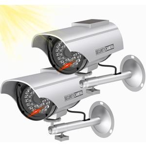 WALI Solar Powered Fake Simulated Camera, Dummy Security Camera Indoor Outdoor with 1 LED Light, Security Alert Sticker Decal (SOLTC-S2), 2 Packs, Silver