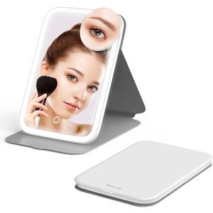 Mocado Travel Makeup Mirro with Lights, 360 Rotation Lighted Makeup Mirror, Portable Mirror with 10x Magnification, 60LEDs 3 Color Lightings, Dimmable Touch Screen, Tabletop Light up Mirror(White)