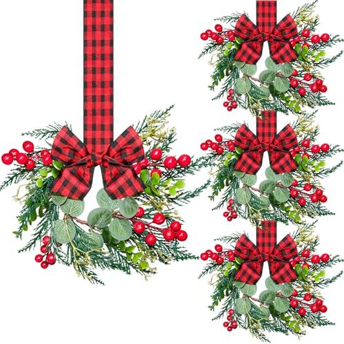3pcs Small Christmas Wreath, 12 Inch Mini Cabinet Wreaths for Kitchen, Christmas Kitchen Decor with Ribbon Bows Red Berry Window Wreath for for Xmas Porch Wall Door Decor (Christmas Color)