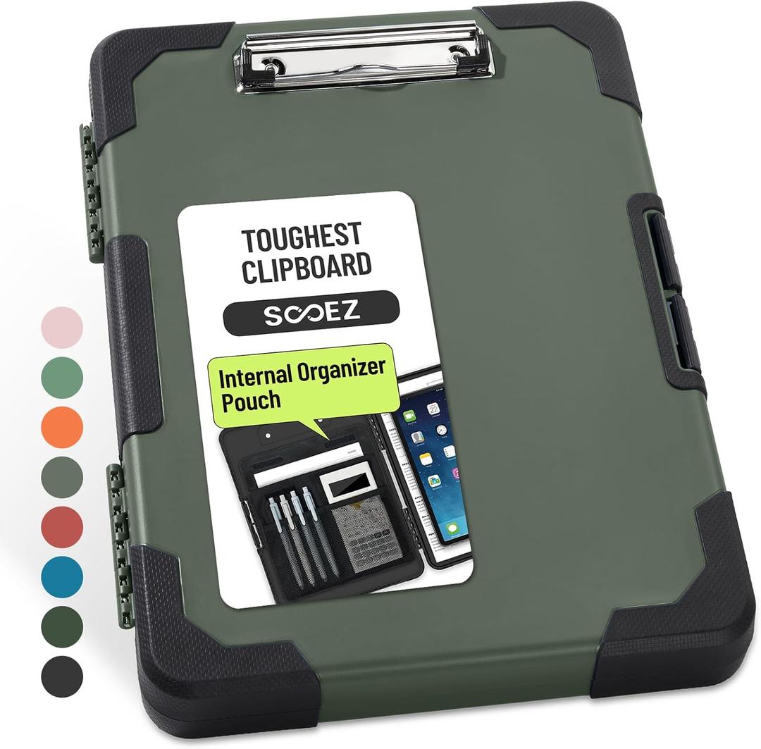 Sooez Toughest Clipboard with Storage, Internal Pen Pouch Included, Letter/ A4 Size, Shockproof Heavy Duty Plastic Clip Boards 8.5x11, High Capacity Clipboards Box Case for Contractor Trucker Driver (Gray Green With Black Corner)