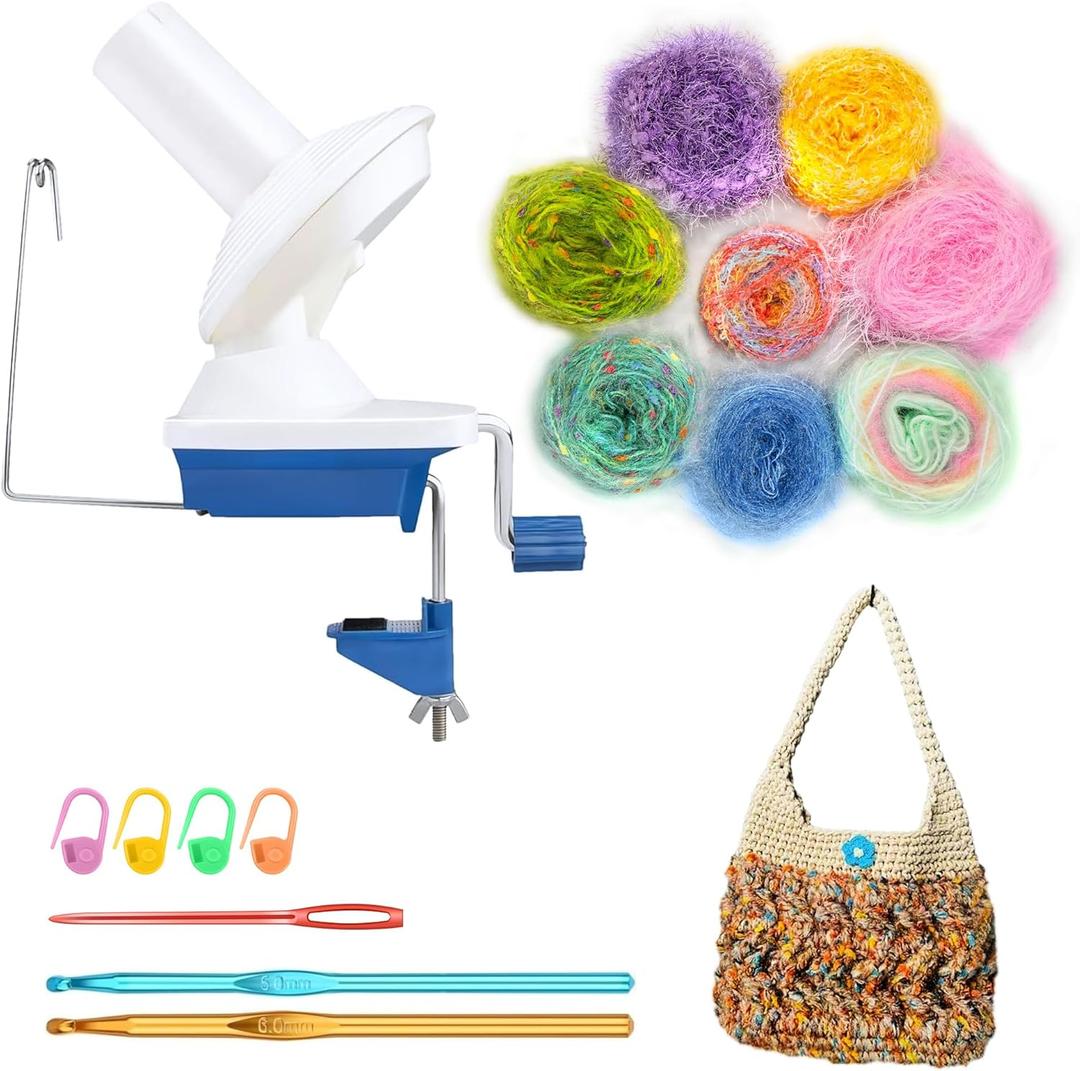 Manual Weaving Ball Winder for Bundles Wool Yarn Cake Making, Come with 10oz Assorted Novelty Yarn Skeins, Handy Spinner for Crochet Knitting Lovers Mix Fantastic Fiber Thread