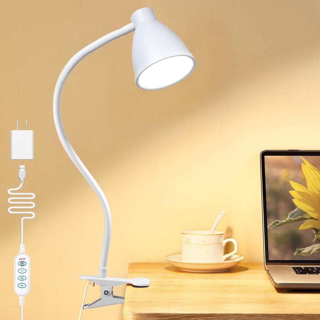 BOHON Clamp Lamp Reading Light 3 Color Modes 10 Brightness Dimmer Bedside Lamp 10W 38 LED Desk Lamp with Auto Off Timer 360 Flexible Gooseneck Clip on Light for Bed, USB Cord Include, White