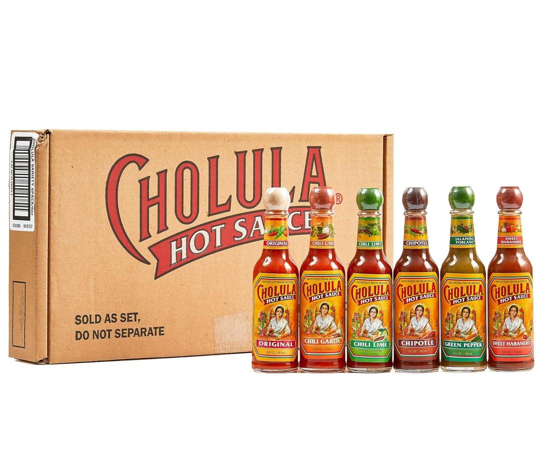 Cholula Hot Sauce Variety Pack, Product of Mexico, Gift Set Includes Six 5 Fl Oz Signature Cholula Hot Sauces for Eggs, Pizza, Mexican Dishes, and More, 30 fl oz, BB 04/23/2036