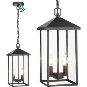 Large Outdoor Pendant Light Matte Black Hanging Light Fixture Ceiling Mount 2-Light, Dusk to Dawn Modern Large Outdoor Chandelier with Clear Glass Exterior Pendant Lights for Porch Patio