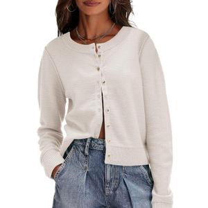 Saodimallsu Womens Button Down Cardigan Sweaters Lightweight Long Sleeve Crew Neck Summer Knit Open Front Tops (Small, Beige)