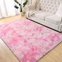 Terrug Tie-Dyed Pink Fluffy Area Rug for Bedroom, 3x5 Ft Shag Throw Rugs, Soft Machine Washable Plush Carpet with Non Slip Backing for Girls Kids Room Bedside Floor Decoration (3' x 5' (Rectangular))