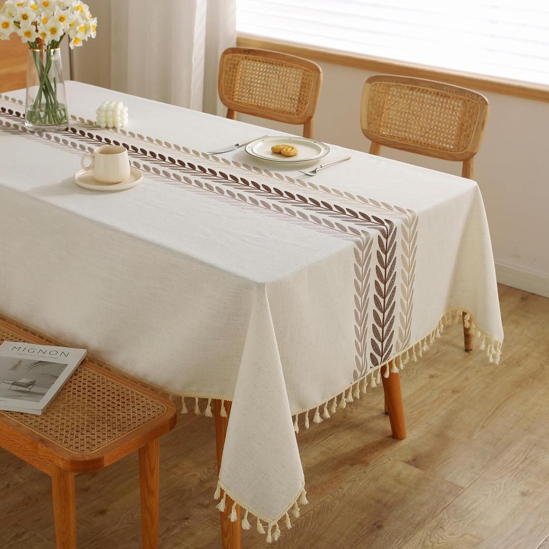 JIALE Rectangle Table Cloth, Heavy Duty Cotton Linen Waterproof Tablecloths Farmhouse Tablecloth, Soft and Wrinkle Free Table Cover with Tassels, 55''x70'', 4-6 Seats (Beige Wheat)
