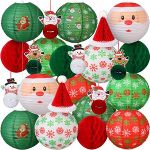24 Pcs Christmas Hanging Paper Lanterns Party Decorations Red and Green Christmas Lanterns Garland Set Honeycomb Santa Hat 3D Snowman Reindeer Holiday Xmas Ornaments Home Winter Party Decor