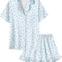 Umeyda Girls & Women Satin Pajamas Set Button Down 2 Piece Silk Pjs Shorts Set Ruffle Sleepwear, 5 Years-Women Large