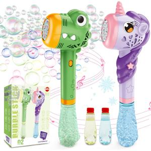 VATOS 2PCS Automatic Bubble Wands, Bubble Maker Gun with Light & Music for Girls Boys, Fantasty Bubble Maker Machine with 2 Bubble Refill Solution, Party Wedding Birthday Gift for Toddlers Kids