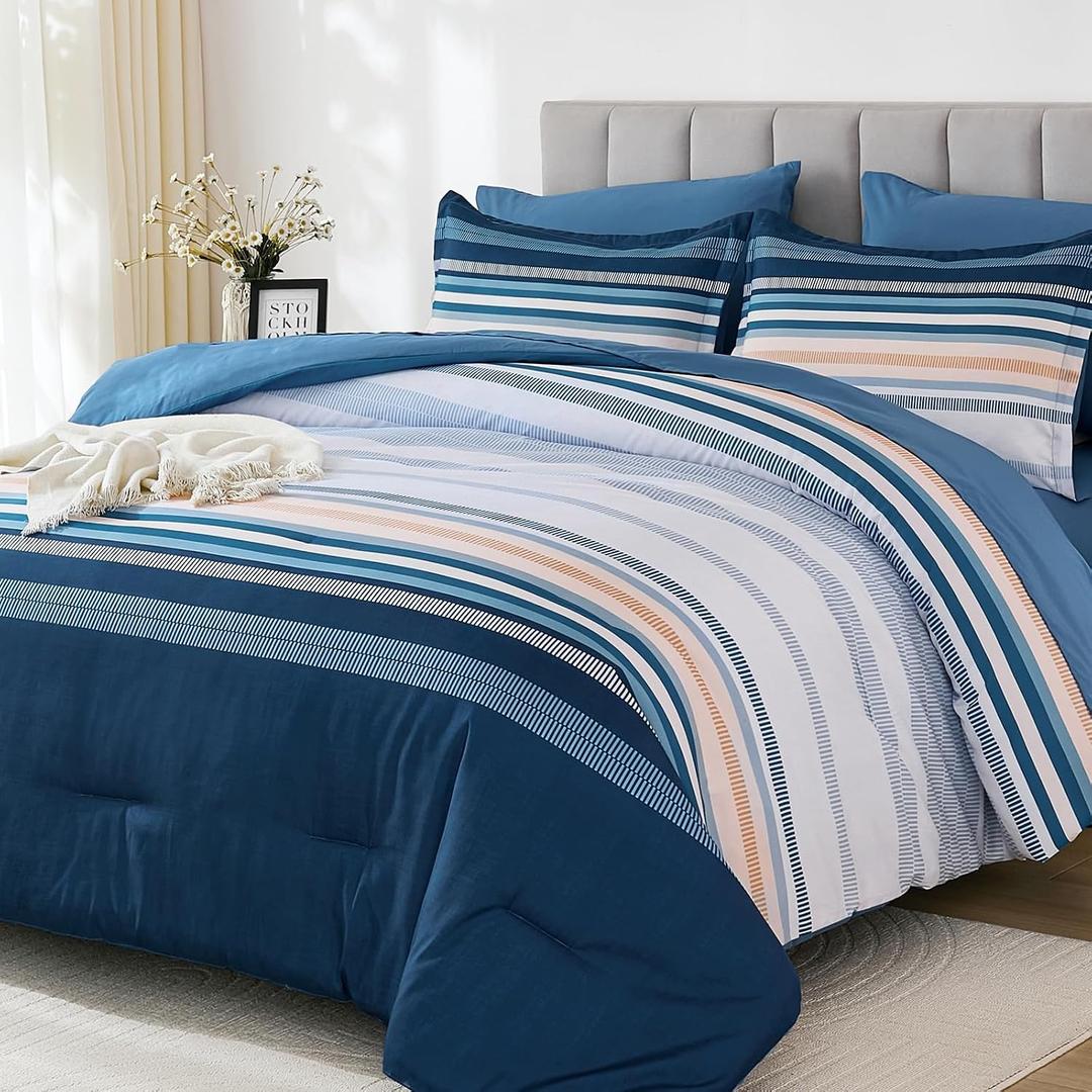 Dobuyly Blue Queen Comforter Set 7 Pieces, Boho Striped Bed in a Bag Queen Size Soft Microfiber All Season Bedding Set with Comforter, Sheets, Pillowcases & Shams