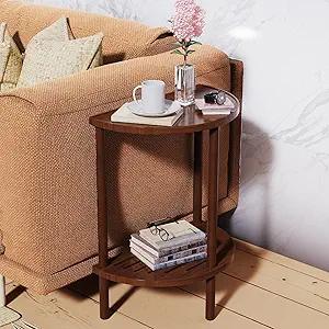 End Table, Half Moon Side Tables, Living Room Half Round 2 Tier Tables, NightStand for Small Space in Living Room Bedroom, Couch Tables with Storage Shelf, Boho Side Table (Brown)