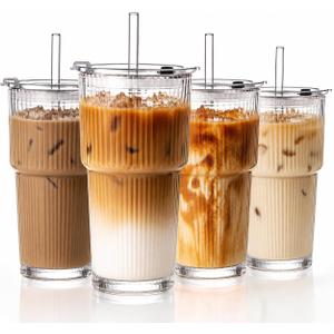 GOSCHE 20oz Glass Tumblers with Straws and Lids, Ribbed Iced Coffee Cups Leak-proof, Dishwasher Safe, Thickened Glass Cups with Lids Ideal for Coffee and Travel, Clear, 4 Pack