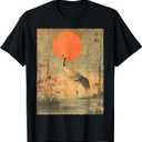 Vintage Crane and Red Sun Vintage Japanese Woodblock Art T-Shirt (Small, Black)