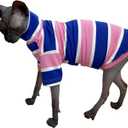 Vintage Stripes Sphynx Hairless Cats Shirt Cotton Cat Turtleneck Pet Clothes Kitten T-Shirts with Sleeves for Sphynx Cats (Wide Pink Blue Stripe, Medium)