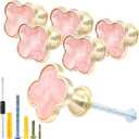 6 Pack Cabinet Knobs - Clover Decorative Drawer Knobs, Brushed Gold Kitchen Cabinet Pulls, Vanity Drawer Handles for Closet, Cupboard, Pantry (Pink)