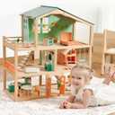 Giant bean Large Wooden Dollhouse with 32 Pcs Furniture Accessories, 3-Story Doll House 5 Rooms Balcony Wooden Stairs, Ideal Dollhouse Toy for Kids Ages 3+, 30" H x 28" L x 13" W