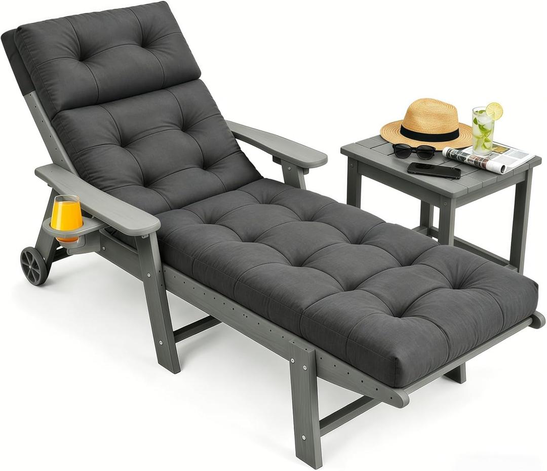 Outdoor Chaise Lounge Cushion, Waterproof 74.4x22x4.7 Inch Thick Cotton Filled Patio Lounge Chair Cushion with Ties, Replacement for Pool Lawn Balcony Furniture, Grey (Cushion ONLY)