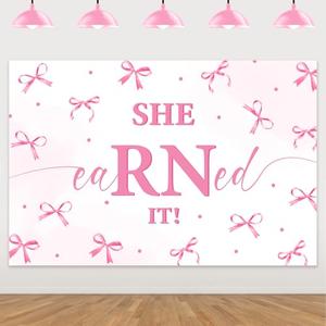 Nurse Graduation Backdrop Pink Bow She Earned It Graduates Photography Background Congrat RN Party Decorations for Class of 2026 She Did It Graduation Prom Party Nursing School Survivor Grad Party