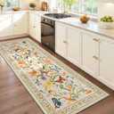 Beige Floral 5x7 Washable Area Rug, Non-Slip Low-Pile Carpet for Living Room, Bedroom