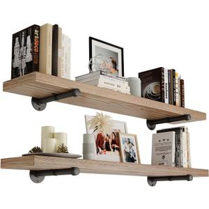 Wallniture Pipe 48 inch Long x 9.25 in Deep Floating Shelves for Wall, Industrial Pipe Shelving, Wall Bookshelf for Living Room, Home Office, Laundry Room, Set of 2, Burnt, Wood