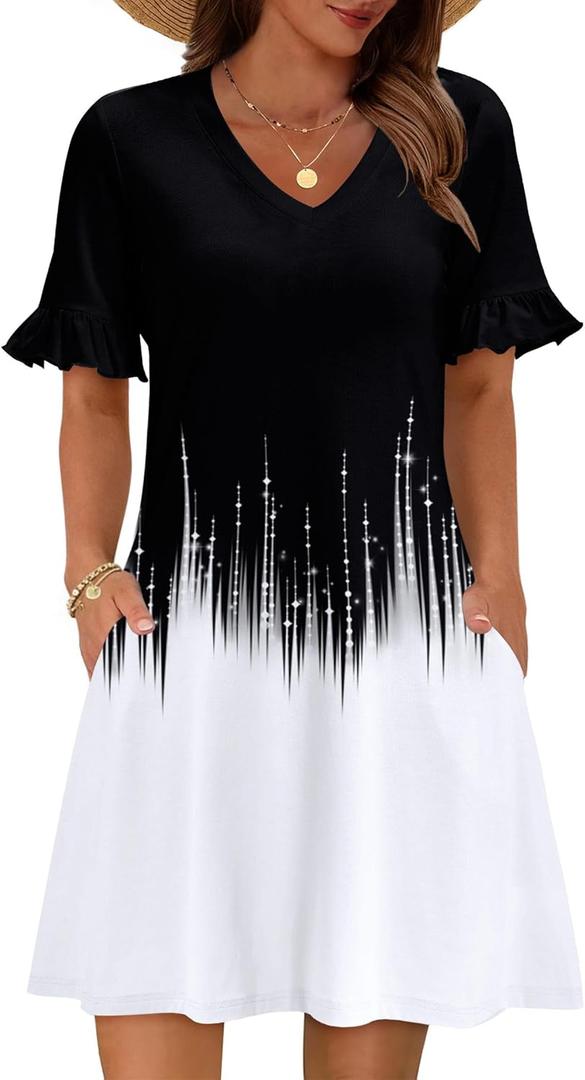 Zeagoo Summer Casual Dresses for Women A Line Sun Dress Ruffle Short Sleeve V Neck Floral Tshirt Dress with Pockets (Black, XXL)