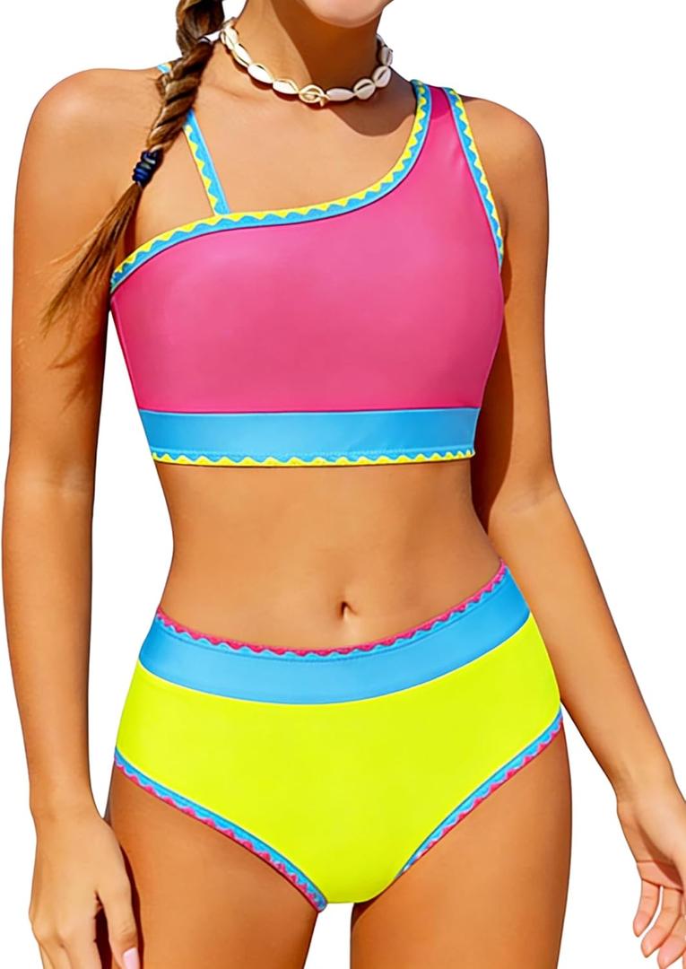 Funnycokid Girls Swimsuit Two Piece Bathing Suit Adjustable Straps Kids Bikini Sets Teens Swimwear (9-10 Years, Hotpink Yellow)