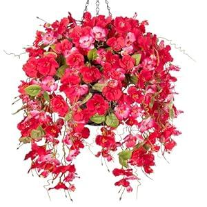 HyeFlora Artificial Fake Hanging Hibiscus Flower Baskets for Outdoor Decoration, Faux Silk Hibiscus Long Vines in Planter UV Resistant Realistic Flowers for Outside Porch Patio Home Decor, RedPink