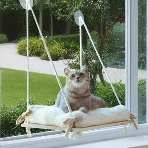 Cat Window Perch, Cat Hammock with Cushion Bed, Solid Wood Seat & Strong Suction Cups, Safety Window Bed for Indoor Cats