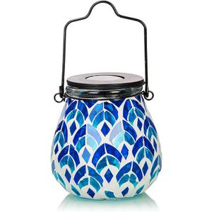 Afirst Mosaic Solar Lanterns - Glass Hanging Lights Hollow Out Waterproof Outdoor Decorative for Garden, Patio, Holiday Party Outdoor Decoration, 1 Pack