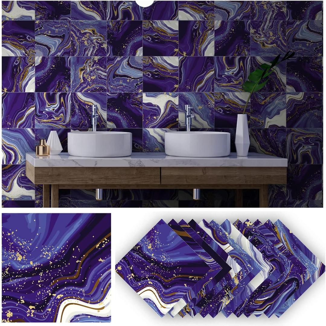 Alwayspon 12Pcs Wall Tile Sticker Transfer Peel and Stick, Self-Adhesive Vinyl Backsplsh Tile Decals, Non-Slip PVC Floor Sticker for Kitchen Bathroom, 20x20CM/8x8Inch, Marble Effect 030