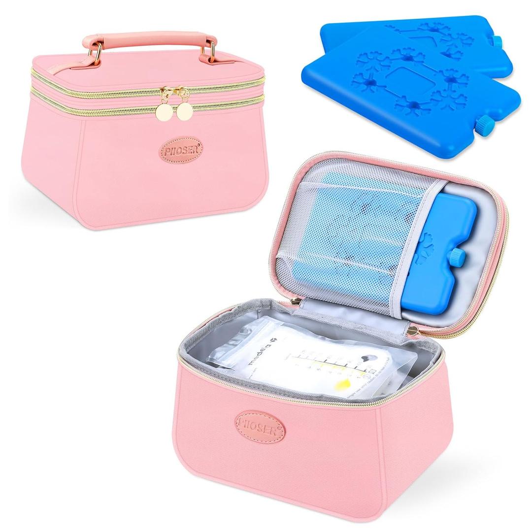 PIIOSER Breast Milk Cooler Travel Bag with 2 Ice Pack, Fits 6 Breastmilk Storage Bags Up to 8Oz, Insulated Small Baby Breastmilk Storage Cooler Bag for Daycare and Breastfeeding Mom (Pink-XS)
