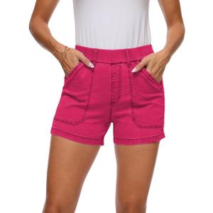 YOCUR Womens Lightweight Denim Shorts Casual Baggy Beach Outdoor Short Pants Elastic Waist High Waisted Pocket Workout Shorts (XX-Large, Red)