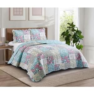 Brilliant Sunshine Lilac Rose Toile Quilt Set, 3-Piece Bedding Sets, Traditional Lively Patchwork Design, Washable, Reversible Bedspread, Soft Lightweight Coverlet, All-Season, Full/Queen, Egg Blue