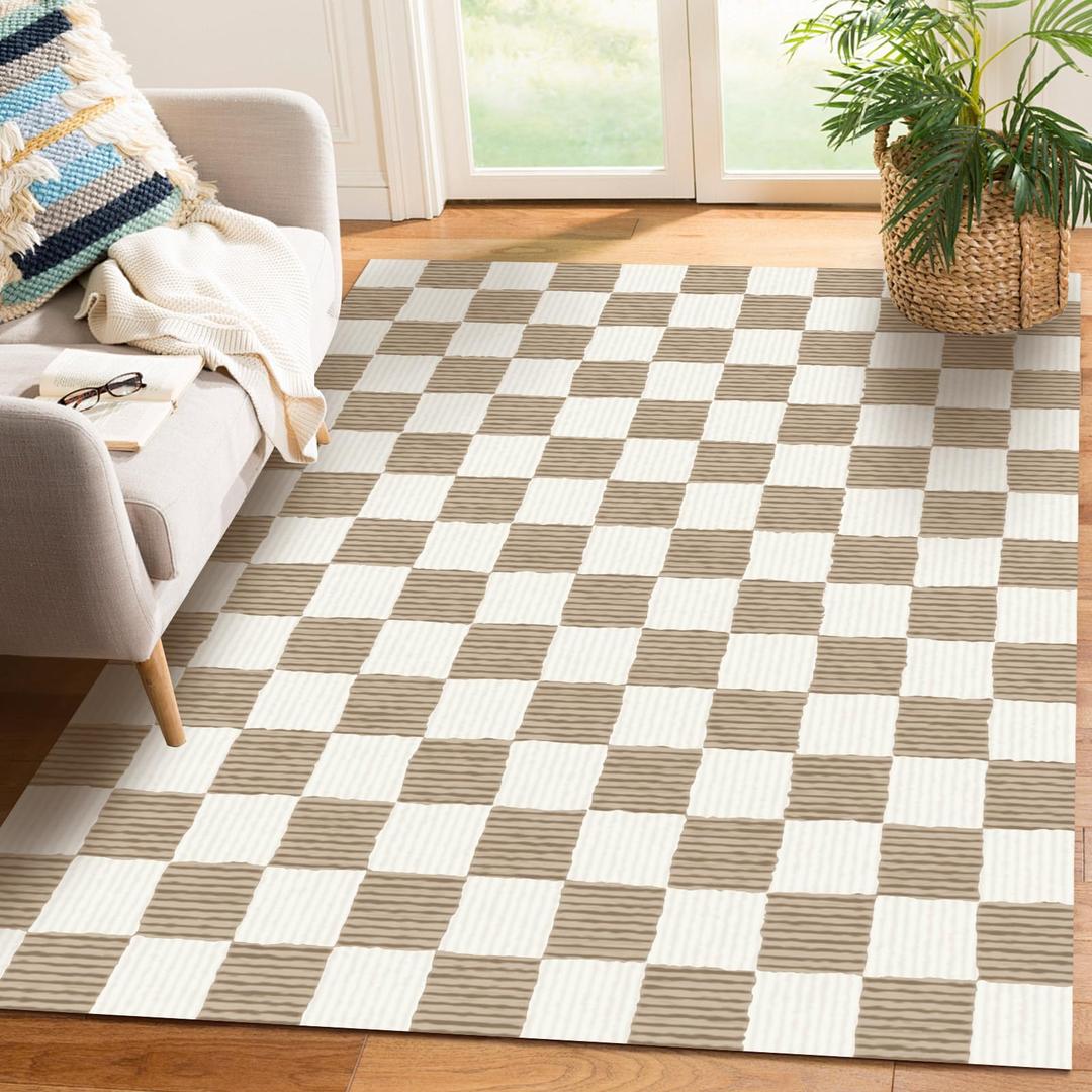 Washable Entryway Rug 2' 3' Brown Small Rug Checkered Modern Geometry Neutral Line Door Mat Indoor Entrance Non-Slip Soft Carpet Kitchen Entryway Bedroom Corridors Indoor