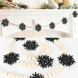 2 x DAZONGE Christmas Decorations, Felt Snowflake Garland and Wood Beads for Farmhouse Christmas Banner Decor, Wall, Shelf, and Holiday Decorations (Black)