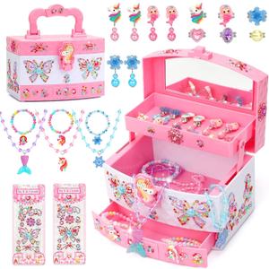 Jewelry Box for Girls, Unicorn Toys for Girls Age 4-6 Kids Jewelry Box, Toddler Girl Jewelry Set with Princess Necklaces/Bracelets/Earrings/Rings, Funny Christmas Birthday Gifts for 3-6 Year Old Girl