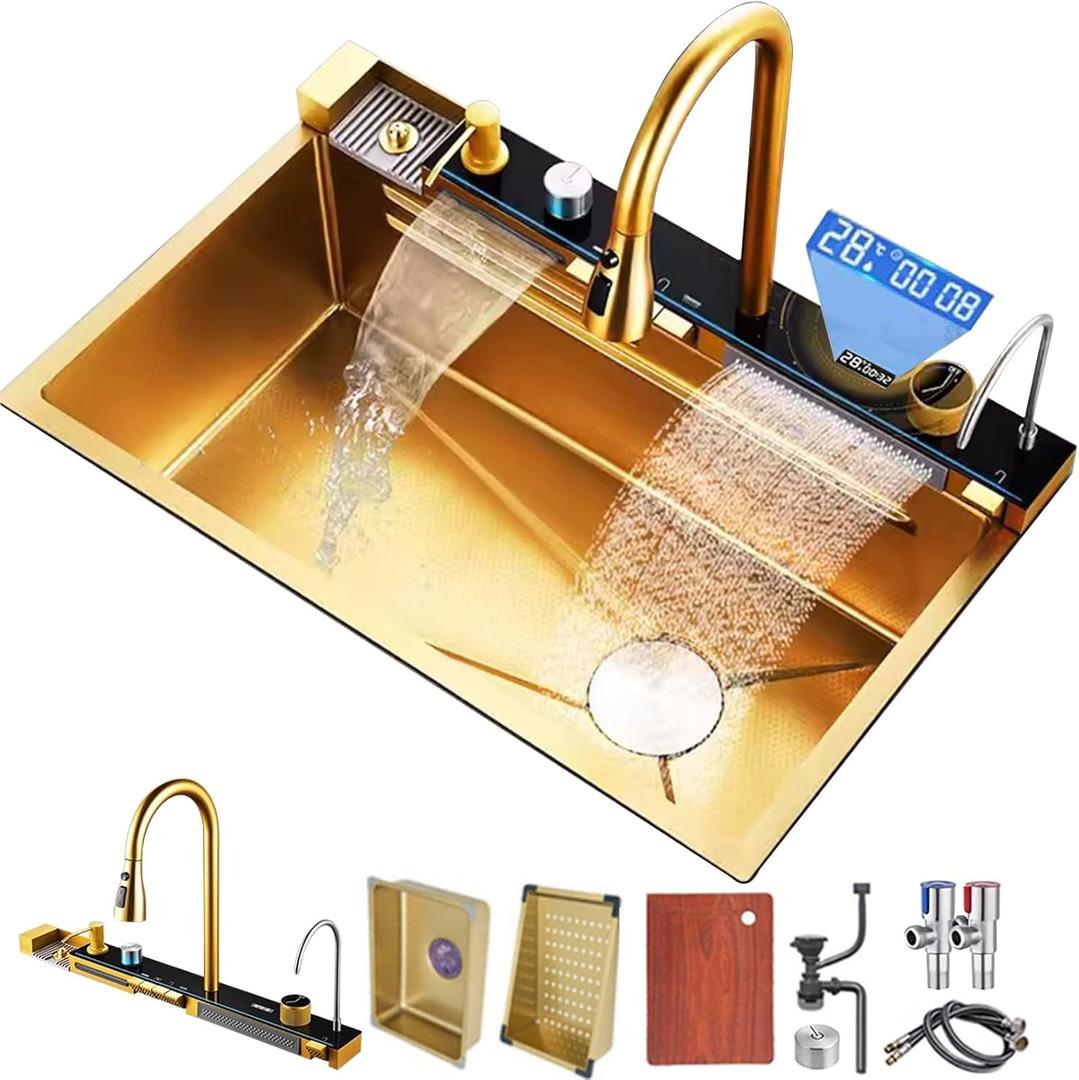 Kitchen sink double waterfall sink with LED display with cup washer, soap dispenser, waterfall mixer, worktop controller, etc. workstation kitchen sink (Gold, 35.4 * 19.7 * 8.7 IN)